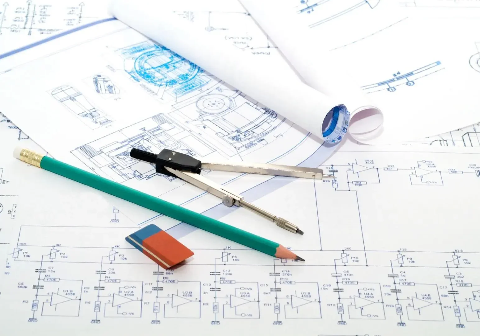 Space Optimization Designs with drawing compass, pencil, and eraser